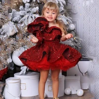glitter red flower girl dresses sequins baby girl dress one shoulder puffy dresses for girls kids birthday party gown