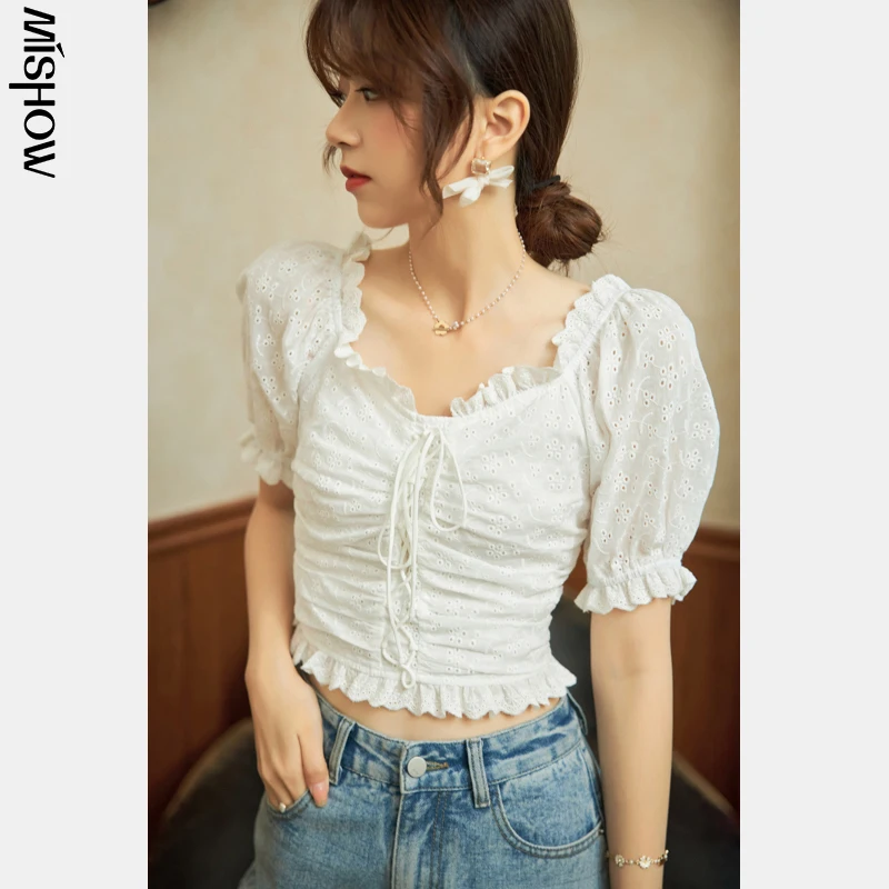 

MISHOW French Lace Shirt Women's Summer 2021 puff sleeve Slim Fit V-neck Chiffon Hollow Tops Female fashion blouse MXA24X0024