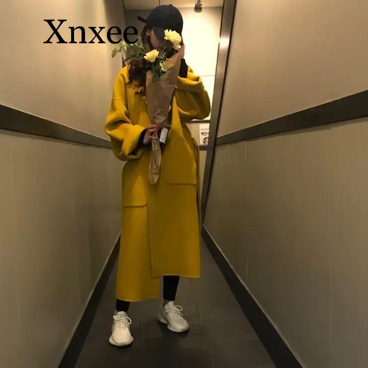 Пояс желтый Элегантное зимнее шерстяное пальто длинное Бандажное кардиган