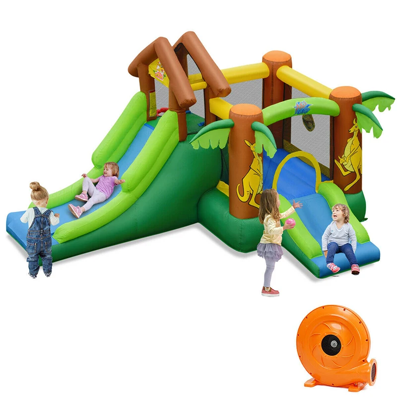 

Kids Inflatable Jungle Bounce House Castle with Blower High Quality PVC Coated 420D Oxford Fabric Safety Nets Child Water Slide