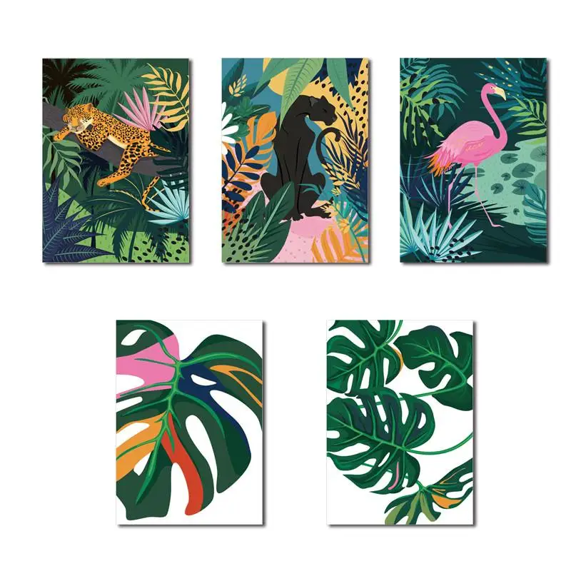 

Hot Sale Nordic Abstract Tropical Green Plant Leaves And Animals Flamingos Leopard Frameless Canvas Printing Decorative Poster