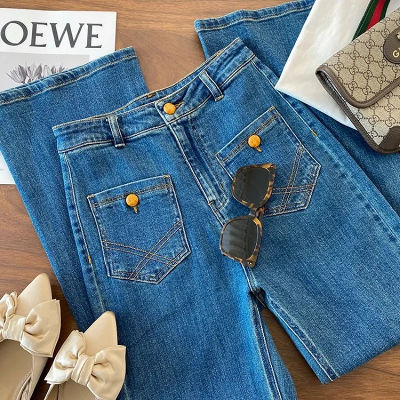 

French Retro Jeans Women's Ultra High Waist Straight Mopping Pants Front Pocket Summer 2021 New Spring and Autumn Design