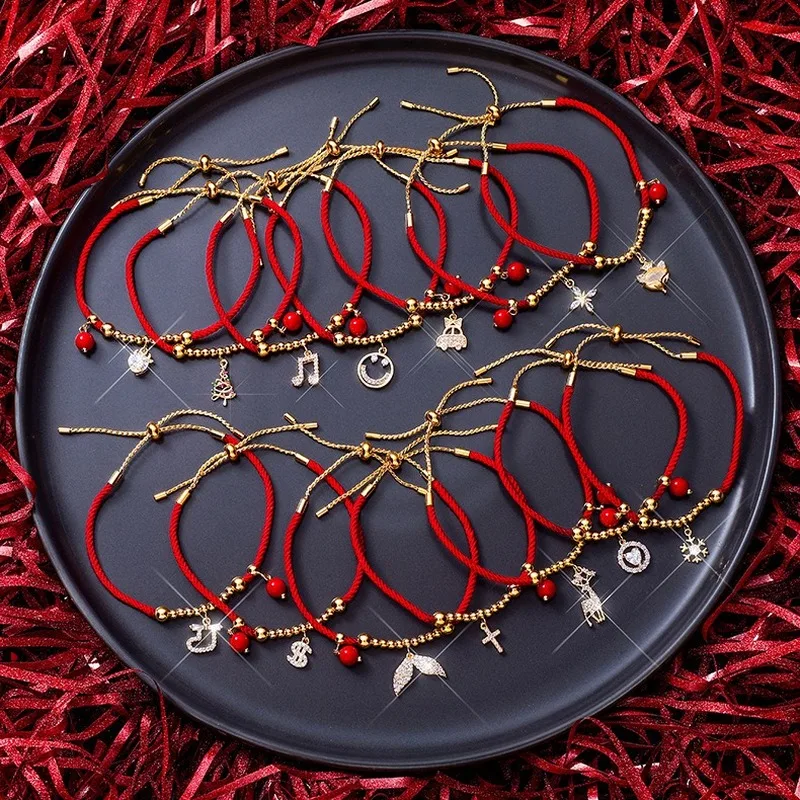 

2020 Wholesale Zodiac Year Red Rope Bracelet Ins Niche Woven Red Hand Rope Beaded Deer Snowflake Fishtail Pullable Bracelet