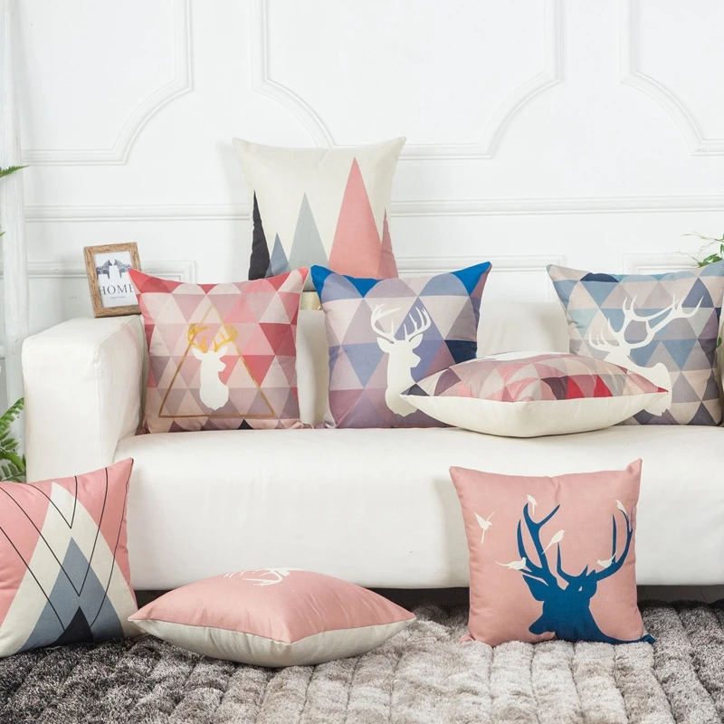 Nordic Style Decorative Pillows Cover Elk Sofa Throw Case Pink Deer Geometric Printed Cushions for Bed 45x45 | Дом и сад