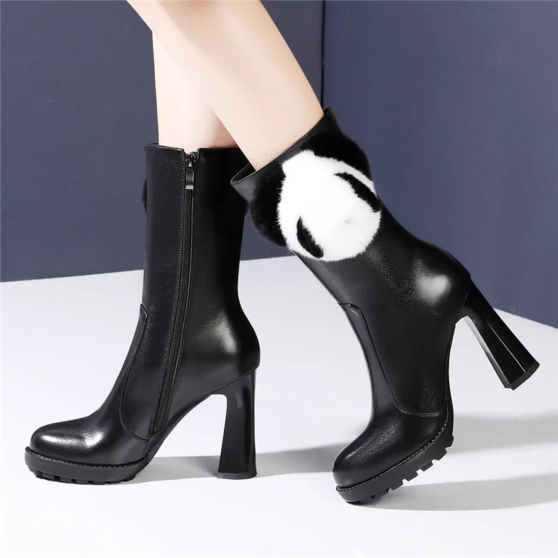 

10cm Super High Heel Platform Women's Shoes Autumn Winter Full Leather Ankle Boots Handmade Ankle Boots Panda Plush in Round Toe