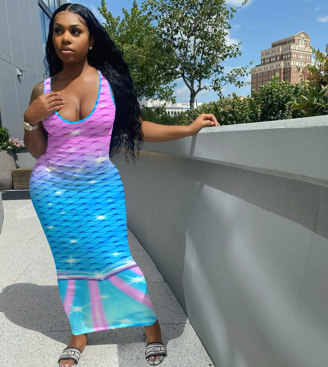 

Echoine Colorful Print Bodycon Maxi Dress Women Sleeveless Beach Holiday Vintage Vestidos Robe Sundress Party Club Outfits