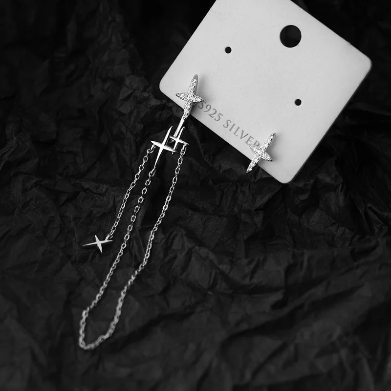 

Ginin Asymmetric Shiny Zircon Star Long Tassel 925 Sterling Silver Drop Earrings for Women Engagement Gift Back Hanging Jewelry