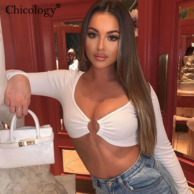 Женская укороченная футболка Chicology с длинным рукавом v-образным вырезом кольцом