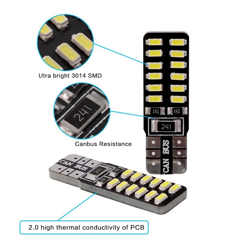 10 шт. T10 светодиодный светильник CANBUS 3014 24 SMD для салона автомобиля W5W/194 168 автомобильный габаритный светильник, Автомобильная лампочка источника, резервная лампа белого цвета
