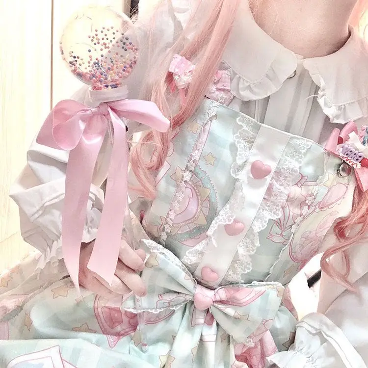 

Japanese Sweet Kawaii Jsk Lolita Dress Women Vintage Victorian Gothic Cartoon Sleeveless Bow Lace Princess Tea Party Dresses