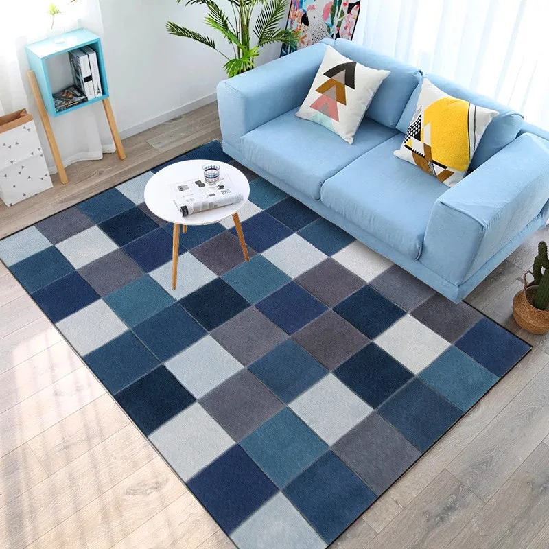 

Fashion Simple Rug Blue Geometric Box Plaid Carpet Living Room Bedroom Bedside Carpet Kitchen Bathroom Floor Mat