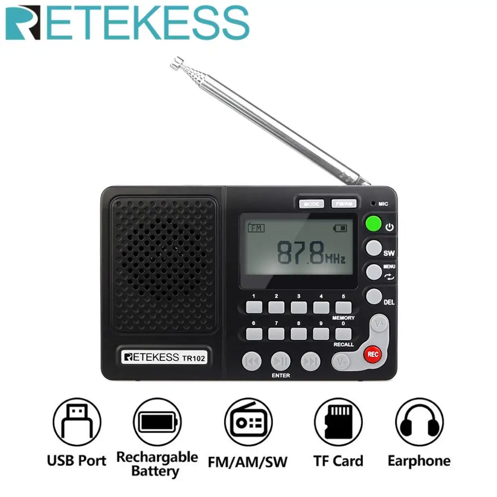 Retekess TR102 портативное радио FM/AM/SW приемник мирового диапазона MP3-плеер REC рекордер с таймером сна черный fm-радио рекордер