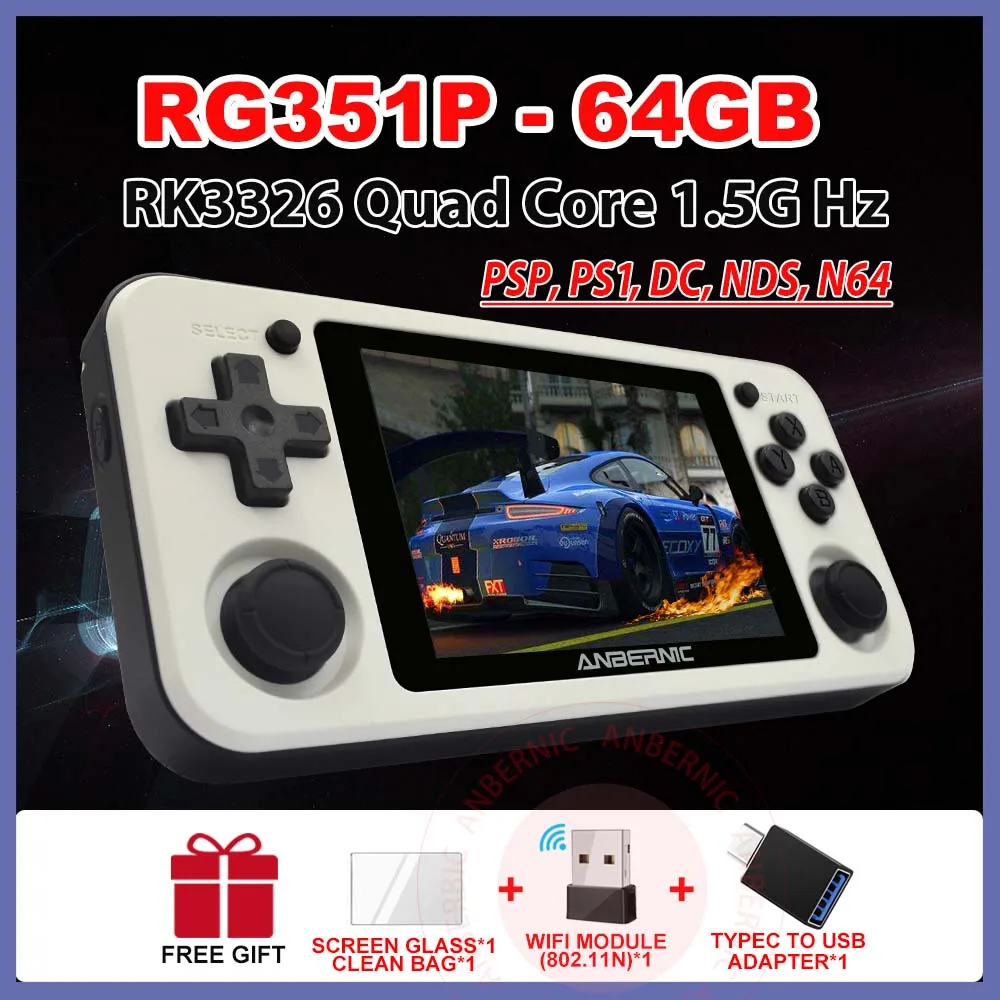 

ANBERNIC RG351P Handheld Game Player 64GB Emuelec Open System PS1 64Bit 2500 Games IPS Screen Portable RG350P Retro Game Console