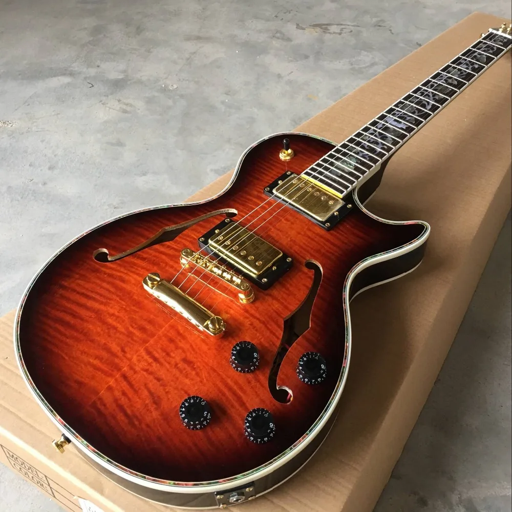 

Semi-hollow body custom Jazz electric guitar Tiger Flame maple top Sunburst gitaar Mahogany body