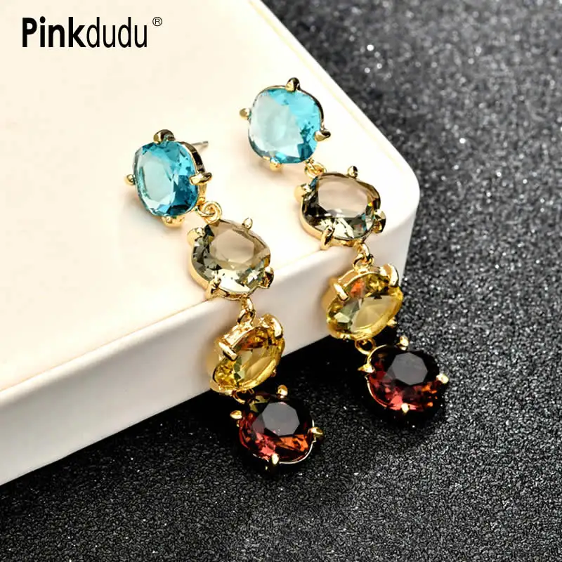 

Pinkdudu Fashion Colorful Glass Drop Earrings Bohemian Large Long Round Water Dangle Earrings For Women Jewelry PD400