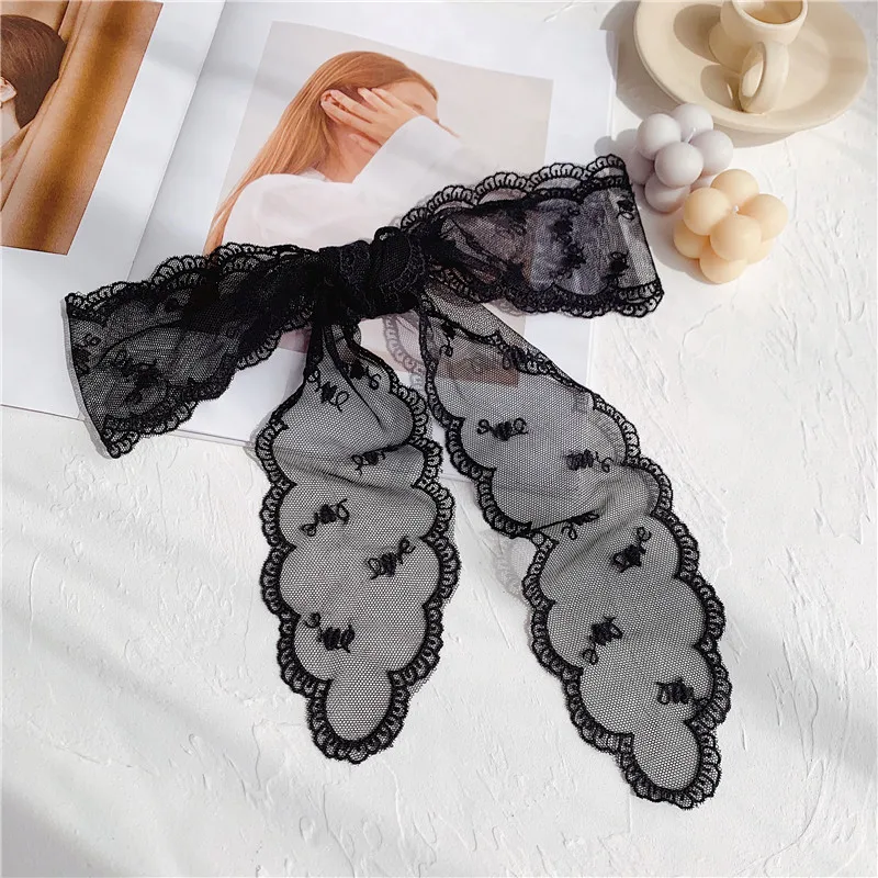 

Small silk scarf female summer pure color lace small scarf long strip fashion triangle scarf wild tie hair ribbon streamer