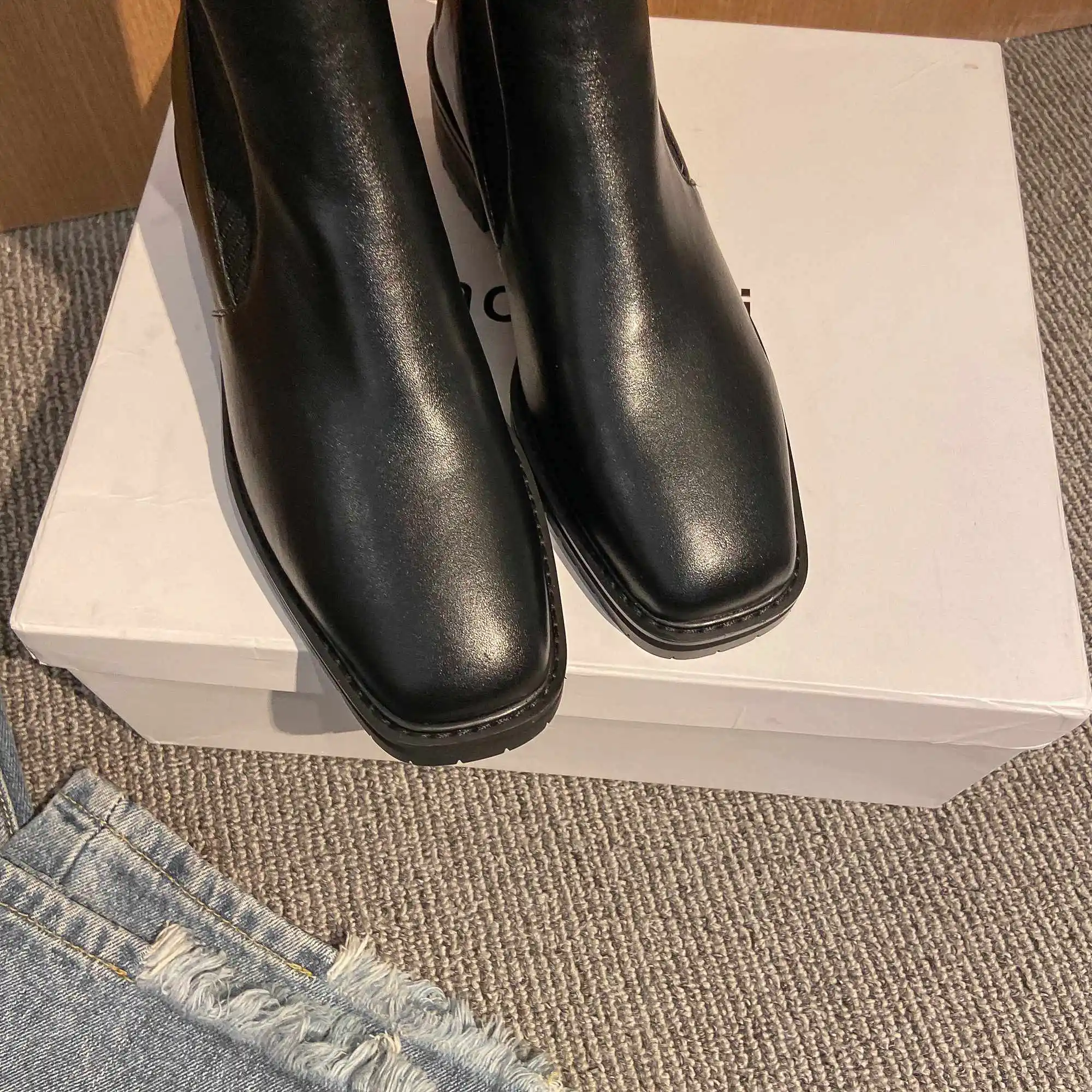 

Krazing pot knitting boots natural leather patchwork square toe thick med heel slip on dress daily wear fashion ankle boots L00