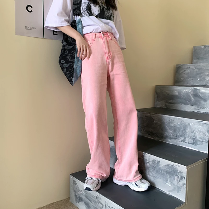 

Women's Jeans Self Made Brand Streetwear Pink High Waist Wide Leg Trousers Leisure Baggy Vintage Jeans Straight Mom Denim Pants
