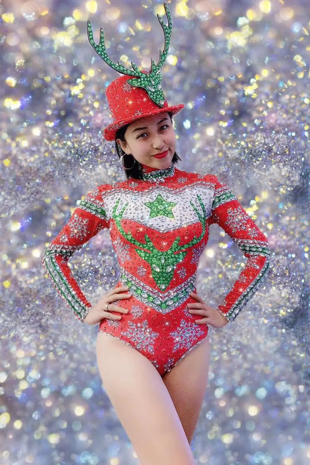 2020 Women New Silver Red Rhinestones Printing Bodysuit Christmas Bar Singer Sexy Outfit Stage Dance Birthday Prom Show Bodysuit