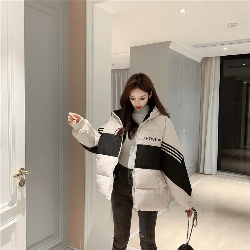 

Winter new style hooded hit color letter cotton jacket women's thick warm down jacket student padded jacket women trendy