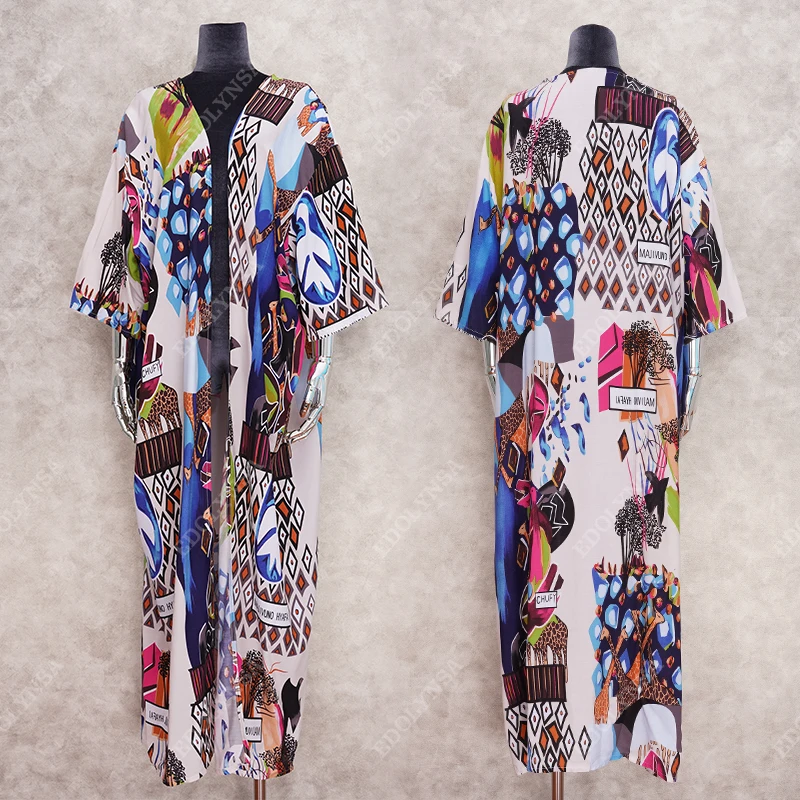 

2021 Bohemian Printed Half Sleeve Summer Beach Wear Long Kimono Cardigan Cotton Tunic Women Tops Blouse Shirt Sarong plage N796