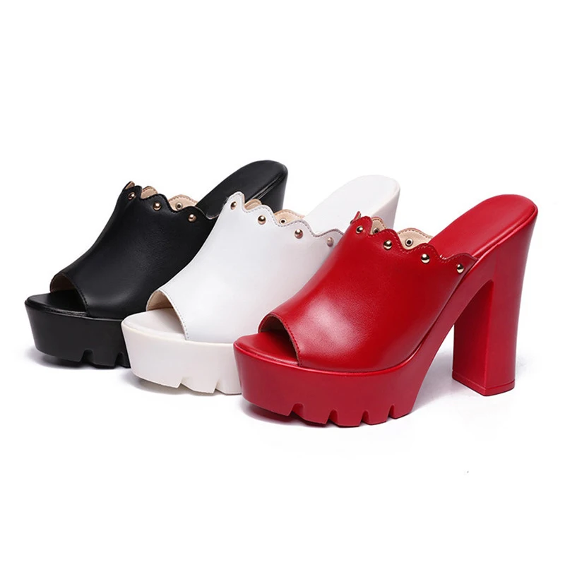 

TIMETANG35-42 Block Open Toe Heels Plus Size Platform Shoes Woman Summer Slippers Slides Super High Heels Leather Women Slippers