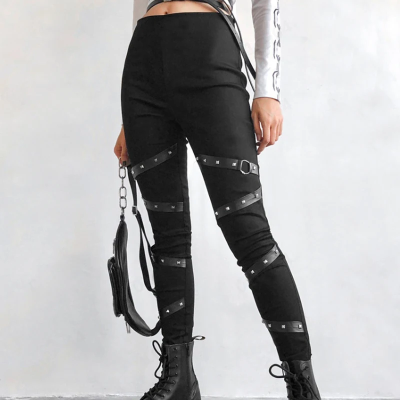 

Cozok Y2k Goth Grunge Rivet Belt Patchwork Pants Harajuku Punk Slim High Waist Black Pants E Girl High Street Autumn Trousers