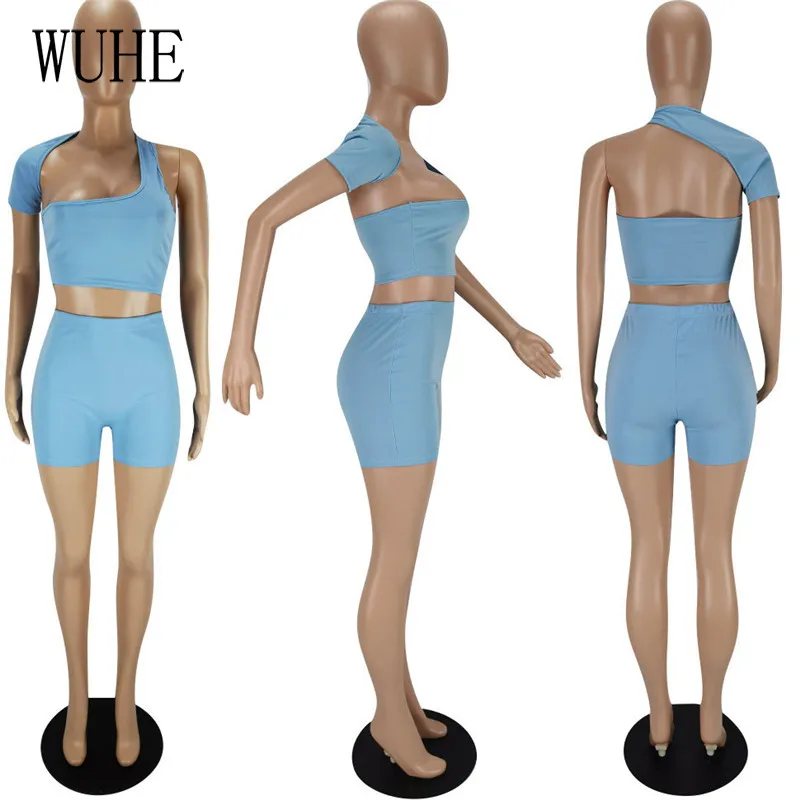 

WUHE Hollow Out Sports 2 Suits Short Sleeve Irregular One Shoulder Breast Wrap + Tight Pants Joggers Fitness Casual Tracksuits