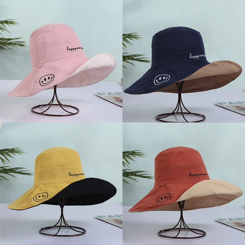 

2020 New Korean Bucket Hat Simple Sunshade Big Brim Basin Hat Sunscreen Fashion Letter Smiling Face Fisherman Hat