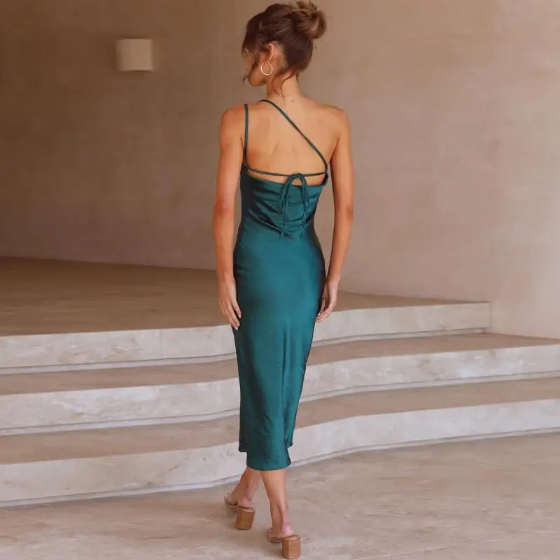 

New Spring Summer Dress Women Diagonal Collar Strap Backless Solid Color Ladies Evening Party Elegant Mid-Calf Female Dresses