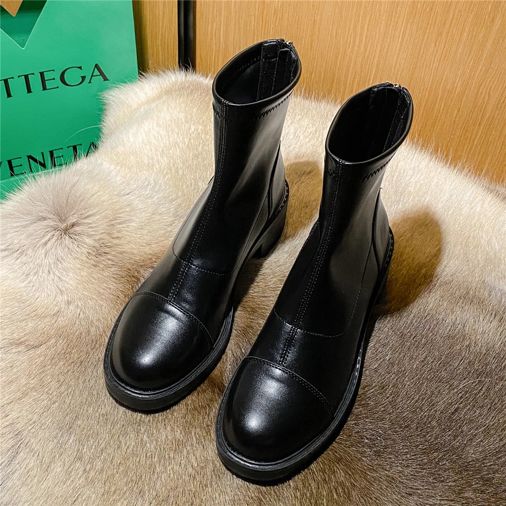 

Autumn Winter Women's Mid Calf Boots Heel Zipper Woman Shoes Soft Comfortable Boots For Women Fashion Stretch Leather Boots