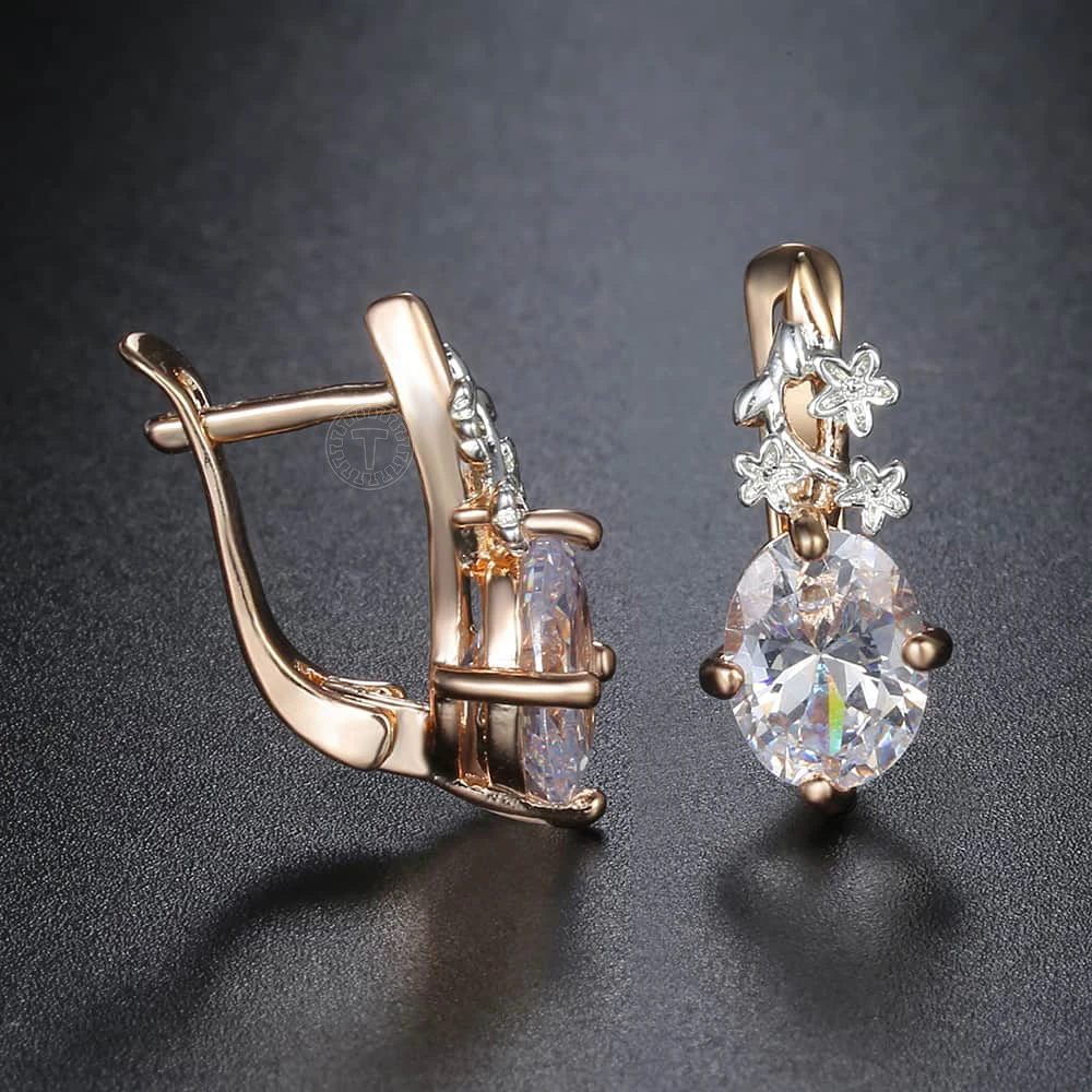 Женские серьги с цветком из кубического циркония розовое золото 585 пробы