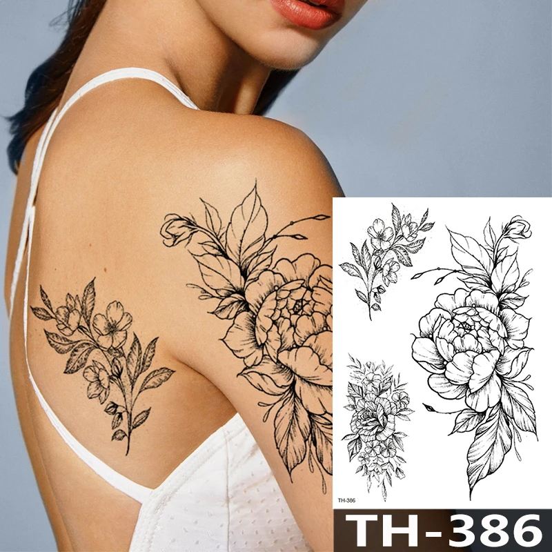 

2021 Rose Peony Flower Girls Temporary Tattoos For Women Waterproof Black Tattoo Stickers 3D Blossom Lady Shoulder DIY Tatoos