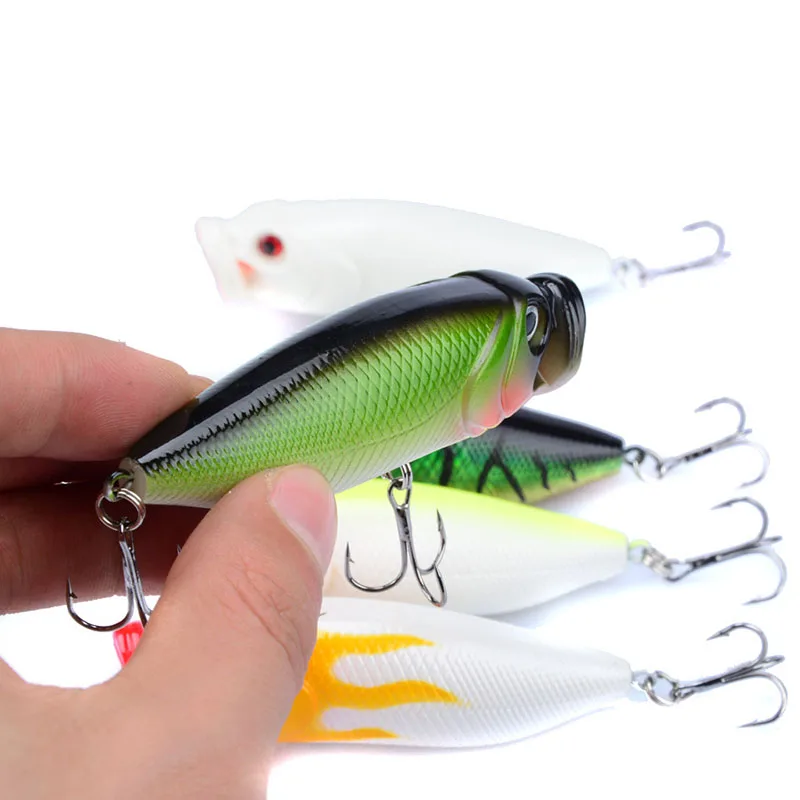 

5Pcs/set 8cm/14g Artificial Mini Popper Plastic Hard Bait 3D Eyes Wobbler Topwater Bionic Bait 6# With Anchor Hook Fishing Lures
