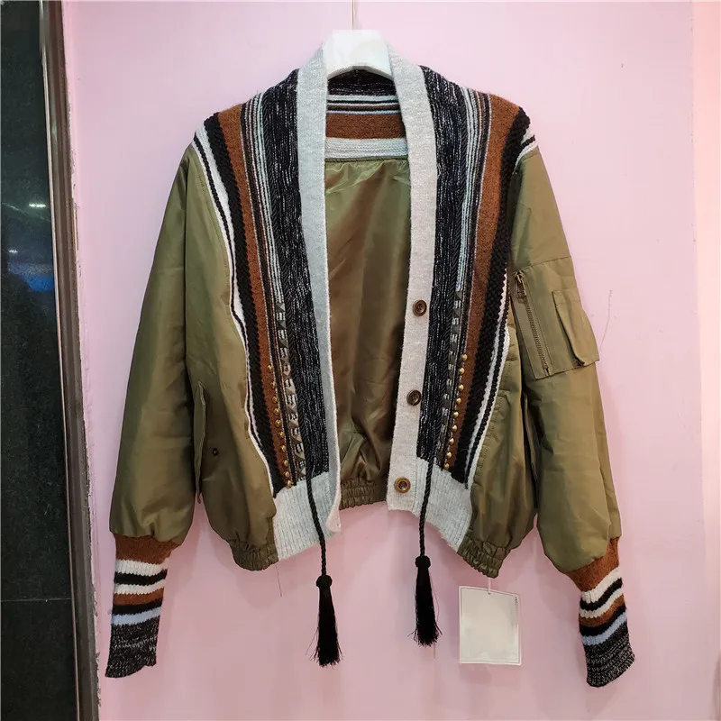 

Autumn 2021 Fashion Rivet Female V-neck Knitted Patchwork Baseball Jacket Batwing Sleeve Casual Women Army Green Short Outwear