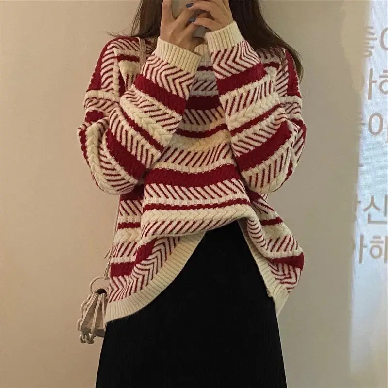 

Женский свободный трикотажный свитер в полоску, повседневный теплый пуловер с круглым вырезом, M918, Осень-зима 2022