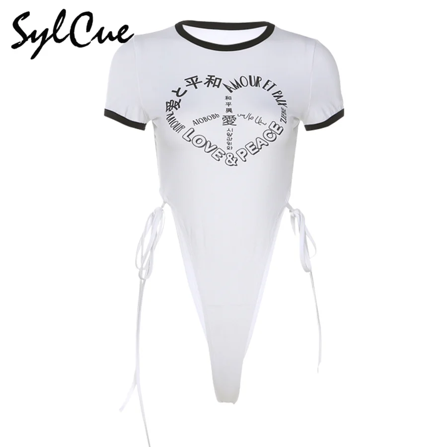 

Sylcue Summer new white bodysuits T-shirt prethoracic letter print waist tie up tights slim sexy nightclub hot female costume
