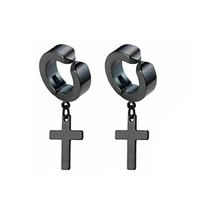 men women stainless steel cross dangle hoop clip on earrings non piercing