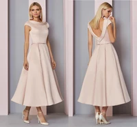 2021 latest classic blush tea length mother of the bride dresses o neck with cap sleeve wedding guest party gowns backless