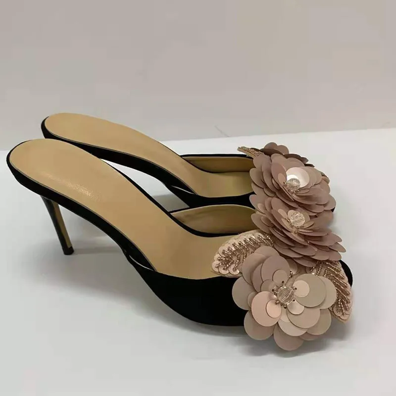 

Luxury Satin Mules Slippers Woman Pink Sequined Rhinestone Flower High Heels Shoes Lady Sexy Party Shoes