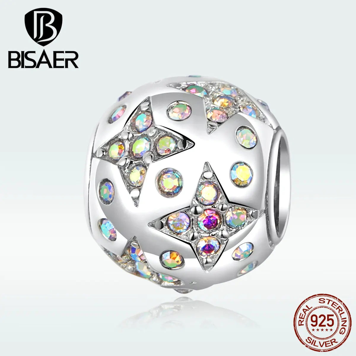 Бусины BISAER, 925 пробы, серебряные светящиеся бусины в форме звезды, кубические циркониевые амулеты, подходят для шарма, браслеты из серебра 925, ювелирные изделия ECC1308