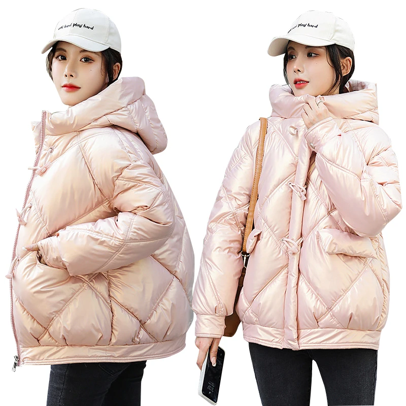 

2021 Winter Down Jacket Women Horn Button Loose Hooded Padded Shiny Glossy Thick Warm Coat Women Korean Parkas Female LD1936