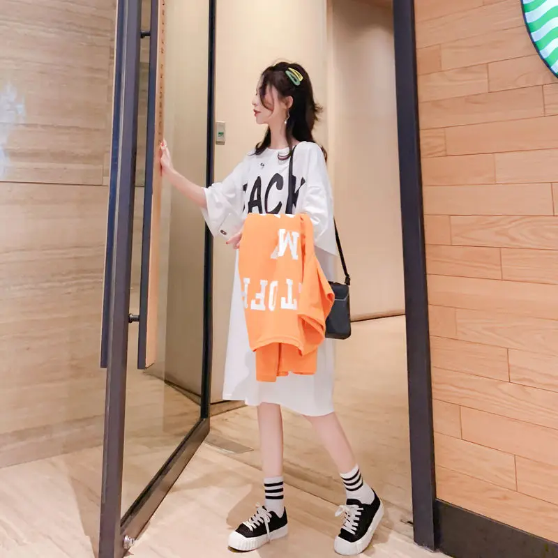 Летняя длинная футболка с коротким рукавом Женская Корейская версия свободная