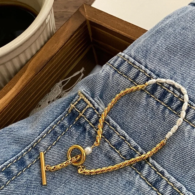 

French minimalist design freshwater pearl stitching metal bracelet geometric sand gold bracelet