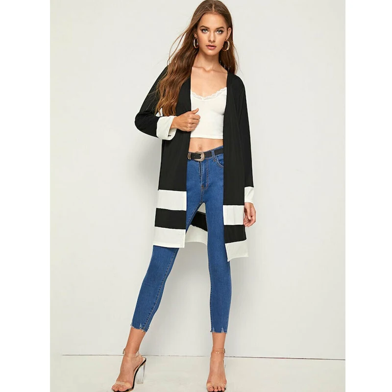 Women Ladies Waterfall Cardigan OL Office Trench Long Coat Duster Open Slim Patchwork Color Casual Streetwear | Женская одежда