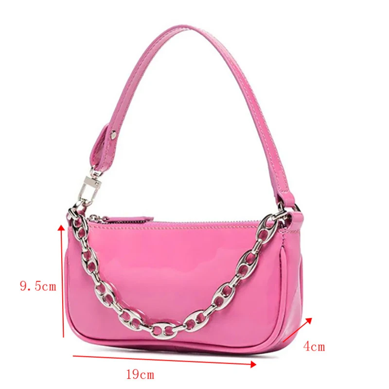 

[EAM] Women New Metal Chain Mini Glossy Baguette Pu Leather Personality All-match Top-handle Bag Fashion Tide 2021 18A0301