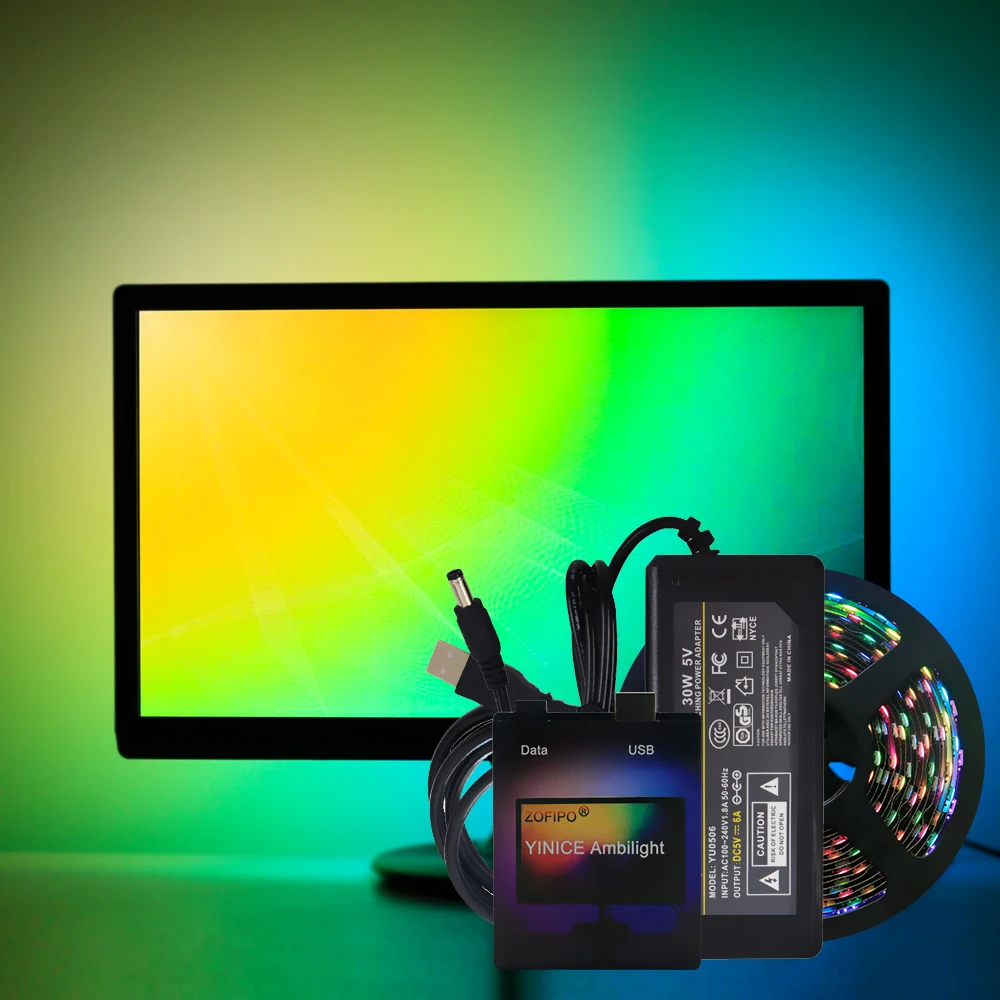 Легкий DIY Ambi светильник RGB Светодиодная лента светильник 5050 HD tv Raspberry Pi Настольный ПК экранный светильник ws2812b лента 1 м~ 5 м комплект без пайки