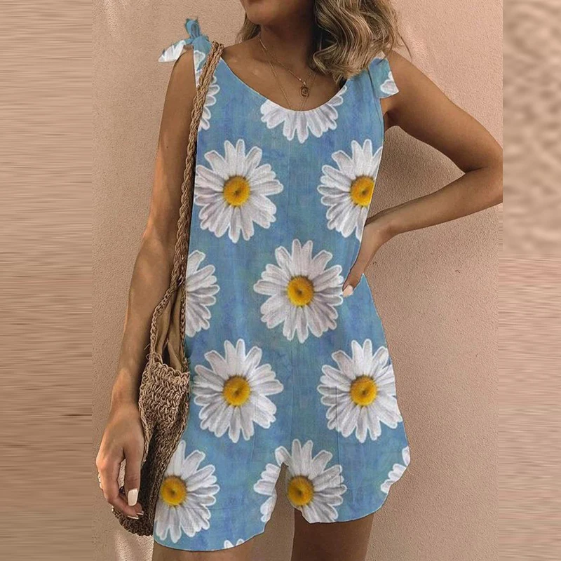 

Daisy Printed V-neck Ladies Sleeveless Slim Loose Fashion High Waist Cotton and Linen Printed Jumpsuit 2021 Summer New Ladies Wo