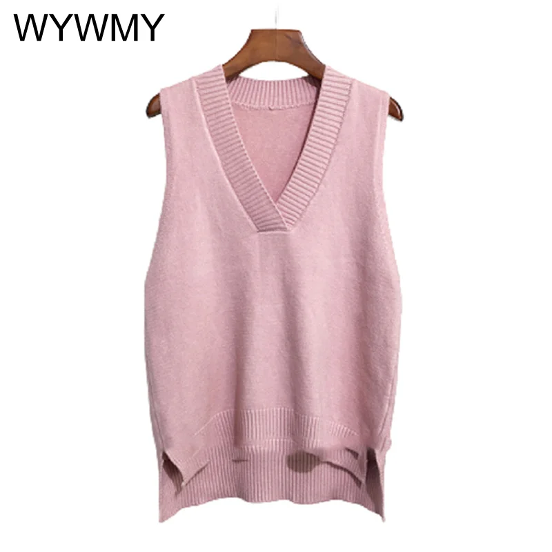 

WYWMY Autumn Winter Knitting Sweater Vest Women Sleeveless V-neck Soild New Korean Loose Wild Casual Pink Knitted Women's Jumper