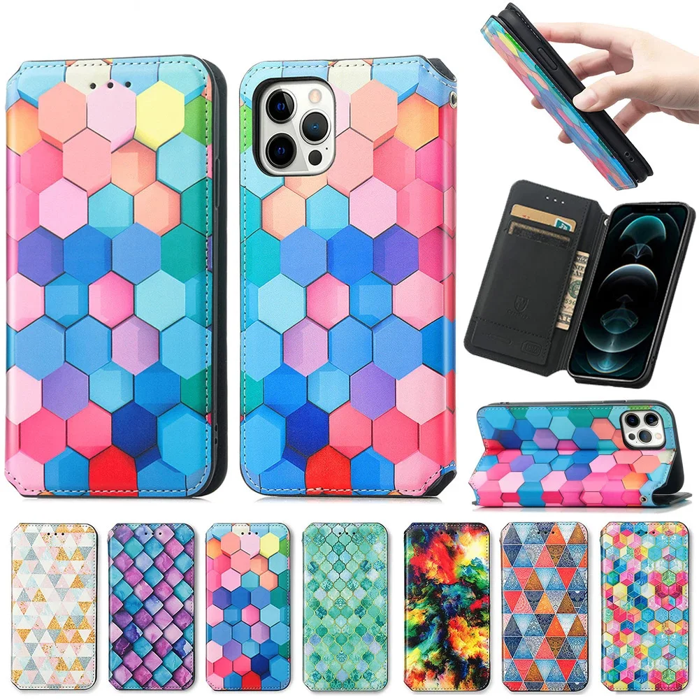 Leather Flip Case For iPhone 13 Pro Max XS XR X 7 8 Plus Diamond Printed Cases For iPhone 11 12 Magnetic Wallet Cards Bag Cover